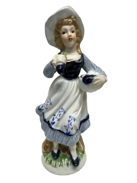 Vintage Blue White Porcelain Farm Girl Lady  Figurine With Basket