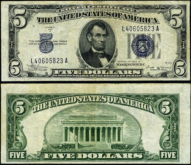 FR. 1652 $5 1934-B Silver Certificate Mule L-A Block VF+ BP #637