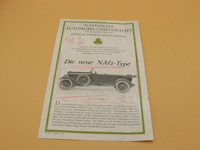 ORIGINAL PROSPEKT NAG Die neue NAGType Oldtimer Automobilia um 1920