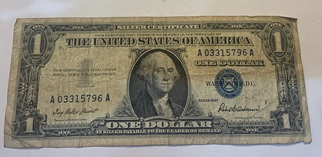 1957A One Dollar Blue Seal Note Silver Certificate Old US Bill 1