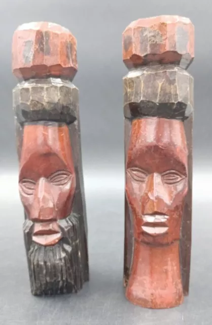 Set Of Vintage Wooden Tiki Hand Carved Jamaica Man & Woman Totem Pole Statues