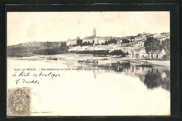 CPA La Reole, General View of the Port taken from the Great Suspension Bridge