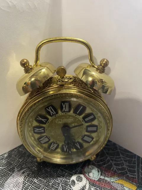 Antique Blessing Mechanical Mini Travel Alarm Clock Brass Filigree