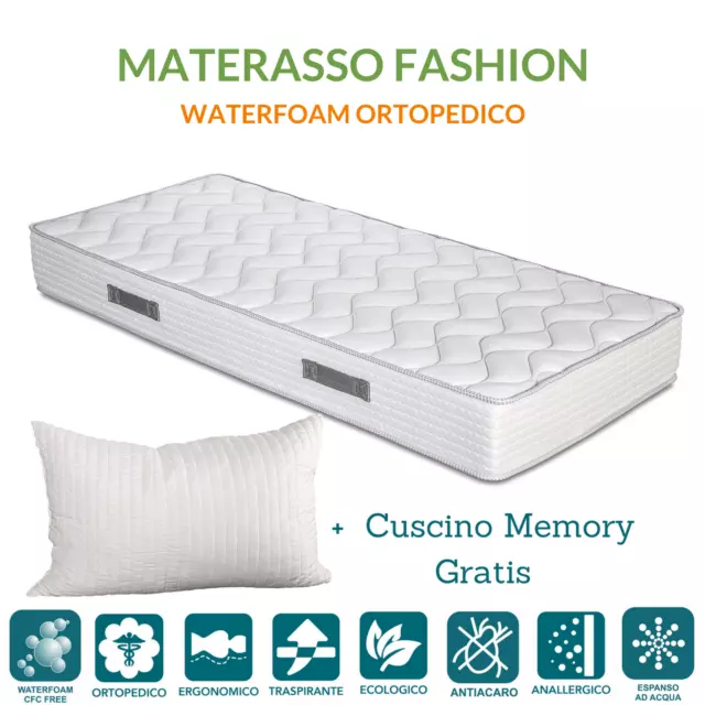 Materasso in Waterfoam Ortopedico Ergonomico H20 cm + Cuscini Memory Foam GRATIS