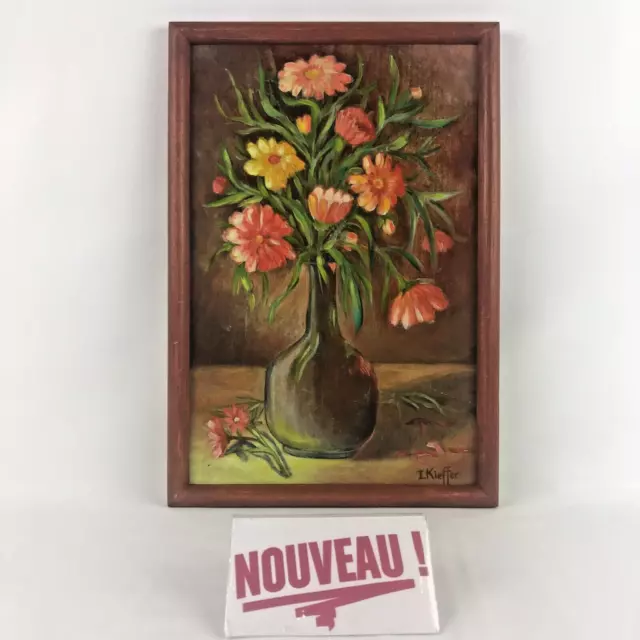 Mignon tableau peinture à l'huile SIGNÉ bouquet de fleurs nature morte 35x24 cm