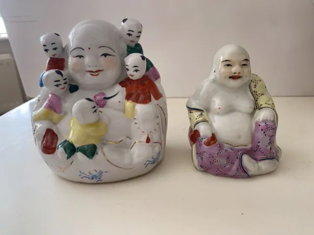 Vintage Ceramic Laughing Buddha And Buddha With Children