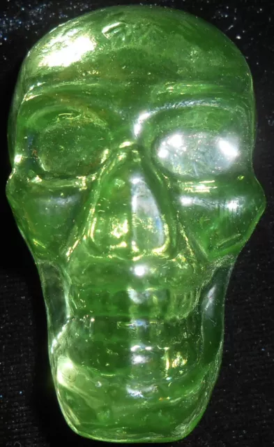 Solid Green Vaseline uranium glass skull head glow neon / paperweight Halloween