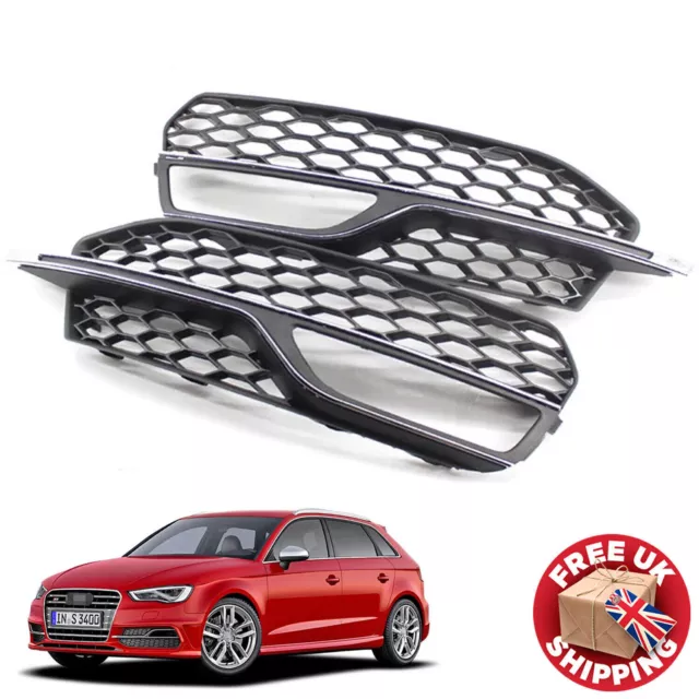 2Pc Front Bumper Fog Light Grill Honeycomb Cover For Audi A3 S-Line S3 2013-2016