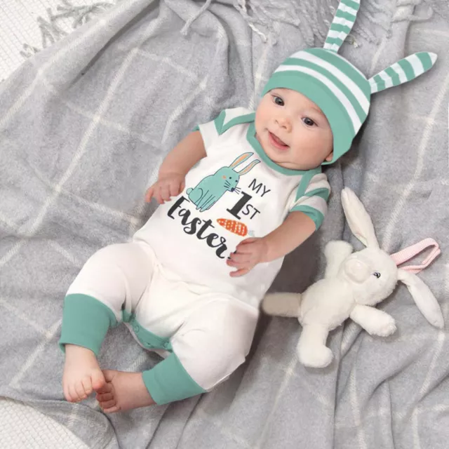 Infant Baby Boys Girls Easter Bunny Rabbit Print Romper Jumpsuit+Hat Outfits UK