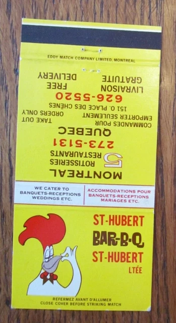 St. Hubert Bar-B-Q Restaurant Matchbook Matchcover: Montreal & Quebec City -C18