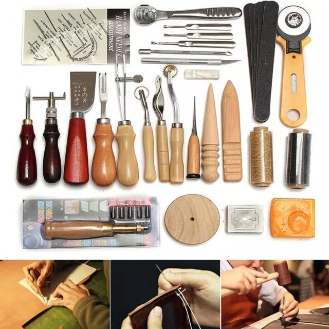 37Pcs DIY Leather Craft Hand Tools Kit Sewing Stitching Punch Carving Groover AU
