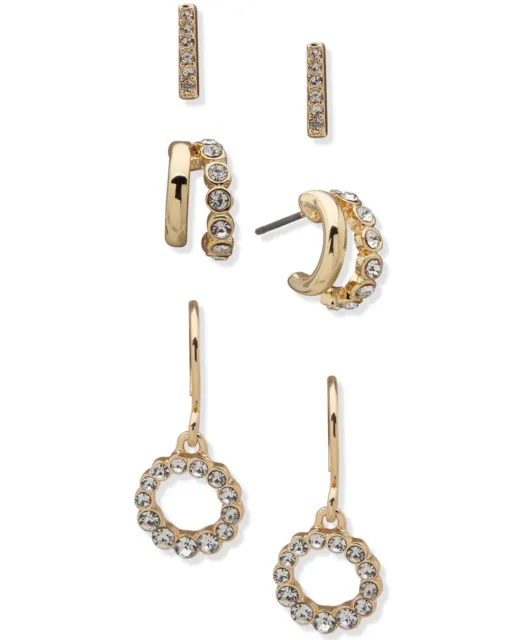 Anne Klein Womens Gold Tone 3 Piece Set Pave Earrings,White,One Size