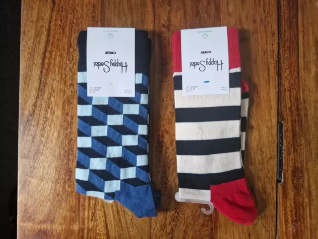 2 x Happy Socks Mens Size 9-11 Novelty Gift - Blue Pattern Red White Stripe