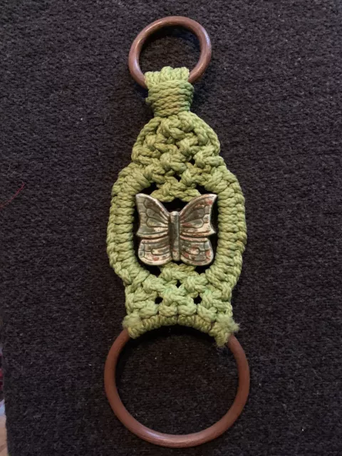 Vintage Macrame Towel Holder Green Bohemian Butterfly Mid Century MCM Wall Hang