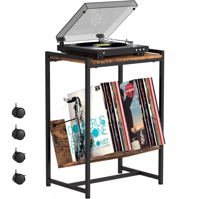 End Table Record Player Stand, Brown Bedside Turntable Organizer Stand w/Wheels