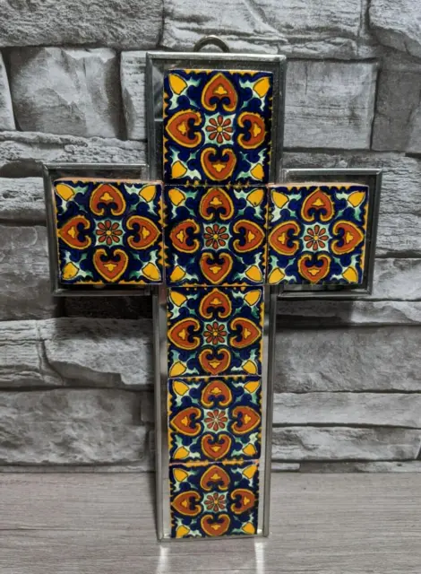 Vintage 10.5" Mexican Folk Art Talavera Pottery Ceramic Tile & Tin Wall Cross
