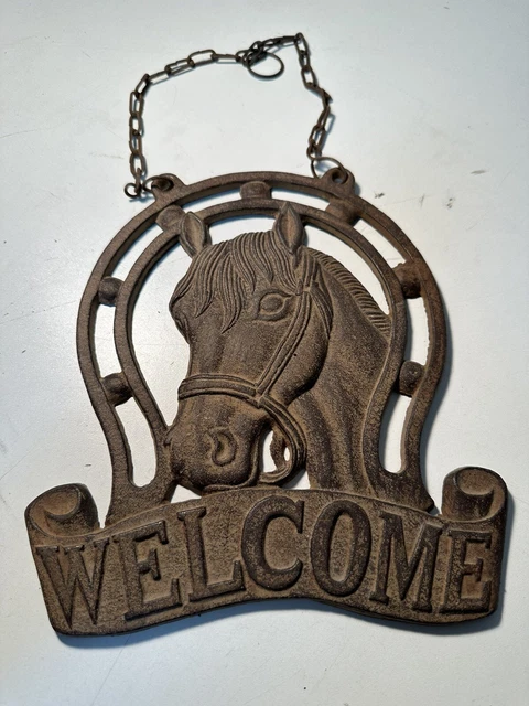 Cast Iron HORSE Head  WELCOME Cowboy Plaque Sign Rustic Ranch Wall Decor 9"x8"