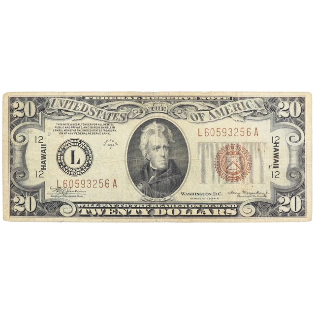 1934 A American Hawaii Overprint Twenty Dollar Silver Certificate US $20 Note