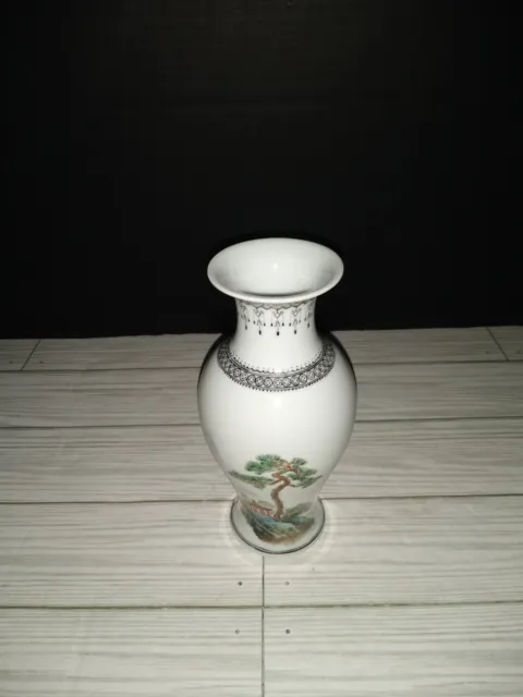 Vintage Chinese Jingdezhen White Porcelain Bud Vase Hand Painted Landscape Boats