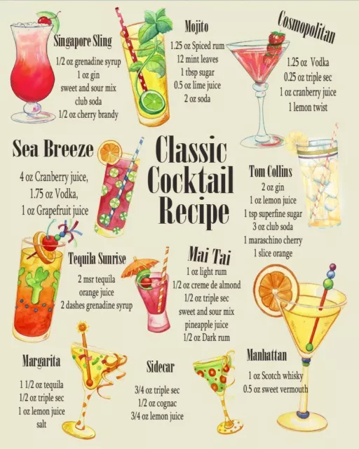 Classic Cocktail Recipes - poster Art reprint metal retro sign vintage sign tin