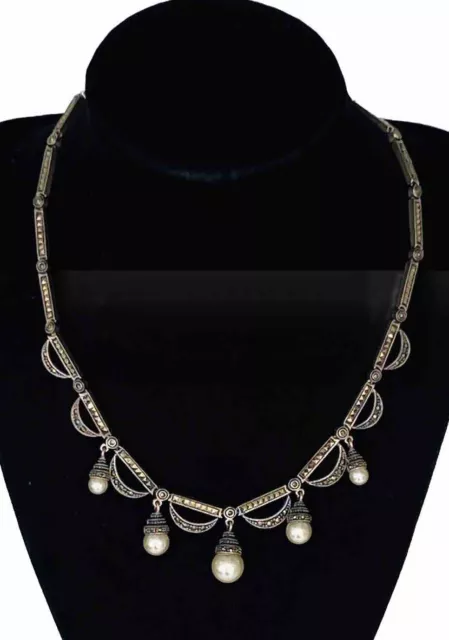 Vintage Sterling Silver ART DECO Marcasite Pearl Dangle Link Choker Necklace