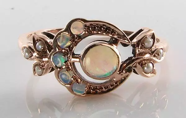 Lush 9K 9Ct Rose Gold Opal & Pearl Mystic Sun & Moon Victorian Art Deco Ins Ring