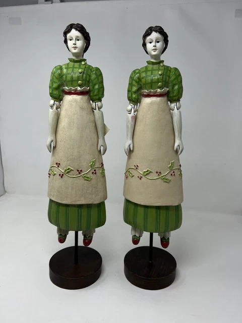 Foreside Santos Style Country Doll Carved Wood Brunette Woman Set of Two