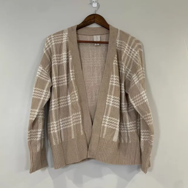 JOIE Tan & White Houndstooth Plaid Open Front Cardigan Sweater Large Super Soft