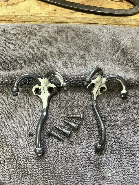 2 Antique Vintage Heavy Duty Mudroom Coat & Hat Acorn 3 Hook Triple Cast Iron