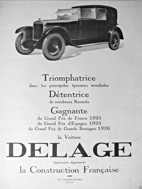 Publicité De Presse 1927 La Voiture Delage Triomphatrice Construction Francaise