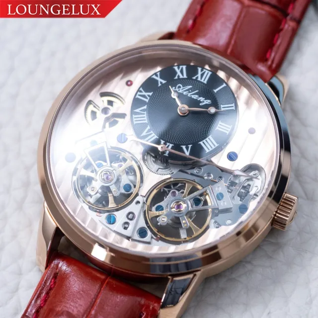 Mens Double Flywheel Luxury Bling Skeleton Automatic Mechanical Leather Watch