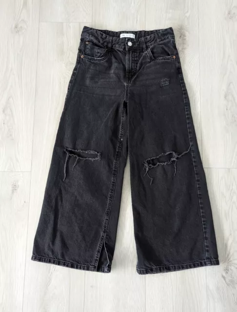 Zara Youth Girls Wide Leg High Waist Distressed Black Denim Jeans Size 13/14