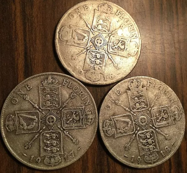 1916 1917 1918 Lot Of 3 Uk Gb Great Britain Silver Florin Two Shillings Coins