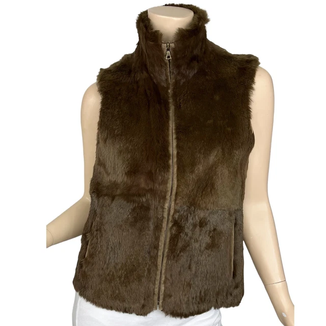 Theory Women Vest Brown Rabbit Fur Sleeveless High Neck Full Zip Size Medium