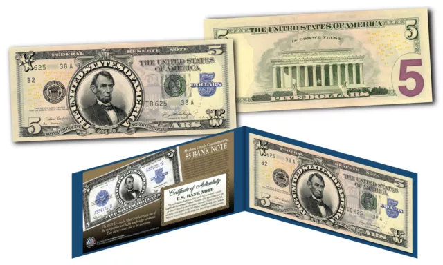 Lincoln Porthole 1923 $5 Silver Certificate Banknote design on Modern $5 US Bill