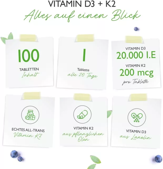 Vitamin D3 20.000 I.E. + Vitamin K2 200mcg 100 Tabletten MK-7 Menachinon-7 IE IU 3