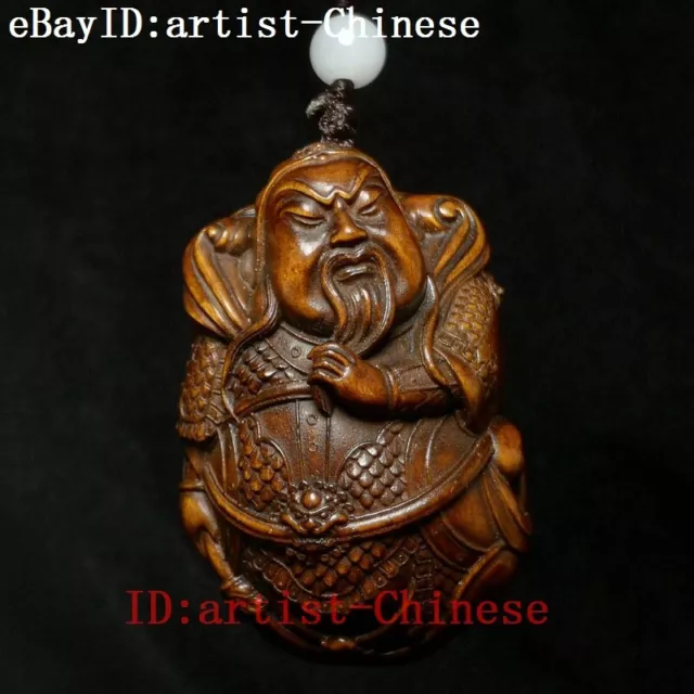 2.4" Old Chinese boxwood hand carved person Guan Yu god of wealth Statue netsuke