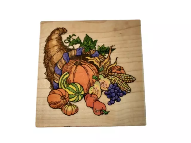 Cornucopia wood mount rubber stamp Stampendous Q032 Thanksgiving Bounty Harvest