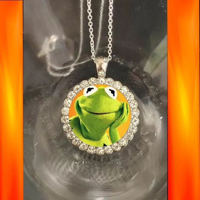 Kermit The frog 925 silver necklace pretty rhinestones beautiful Muppets gift