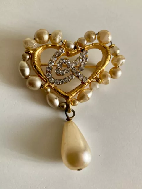 VINTAGE Broche Coeur Perle strass CHRISTIAN LACROIX Pearl Brooch Brosche Spilla