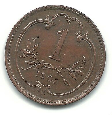 A  High Grade Au 1901 Austria 1 One Heller Coin-2 Die Cracks-Dec913