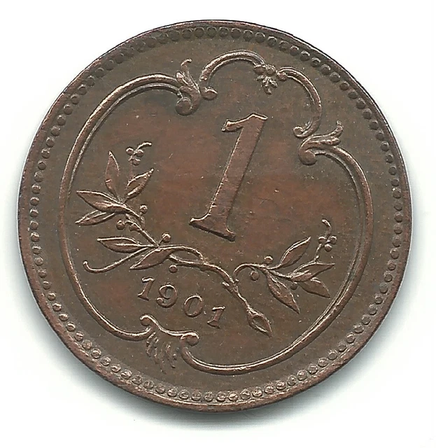 A  High Grade Au 1901 Austria 1 One Heller Coin-2 Die Cracks-Dec913