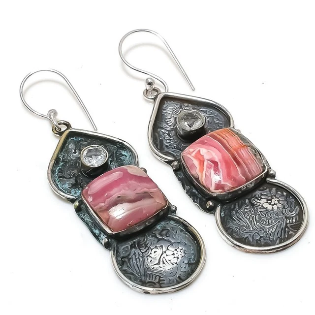 Rhodochrosite, White Topaz 925 Sterling Silver Jewelry Earring 2.56 " S423