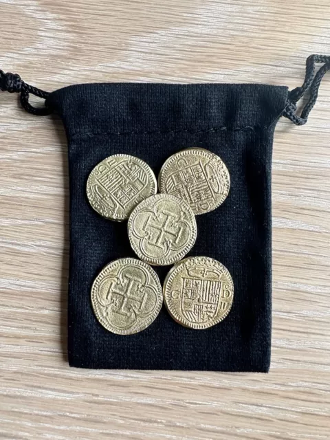 Pirate Treasure Coins Pieces of Eight 5 Gold Doubloons in Gift Bag