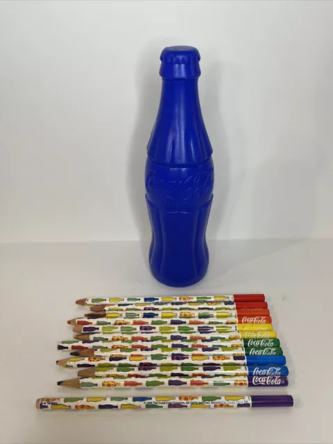 Vintage Coca Cola Color Pencil Set With Plastic Blue Coke Bottle