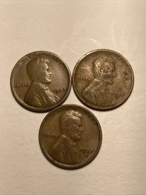 1927 P D S Lincoln wheat cent type set / 3 coin lot / old US antique pennies 1c