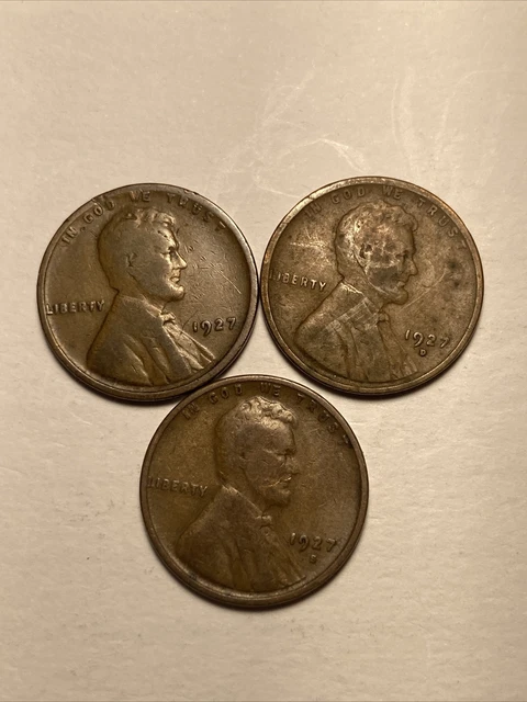 1927 P D S Lincoln wheat cent type set / 3 coin lot / old US antique pennies 1c