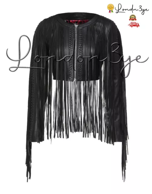 Women Black Leather Fringed Jacket Womens Crop Fringe Western Jacket