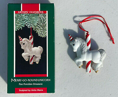 Merry Go Round Unicorn Hallmark Christmas Ornament 1989 Candy Cane Porcelain NEW
