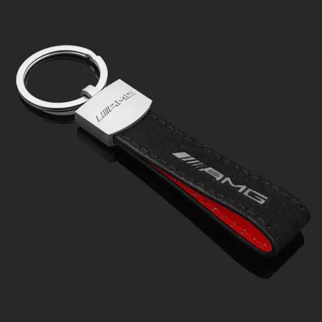 Black Suede Leather+Metal Car Logo Keychain Key Chain Key Ring for AMG